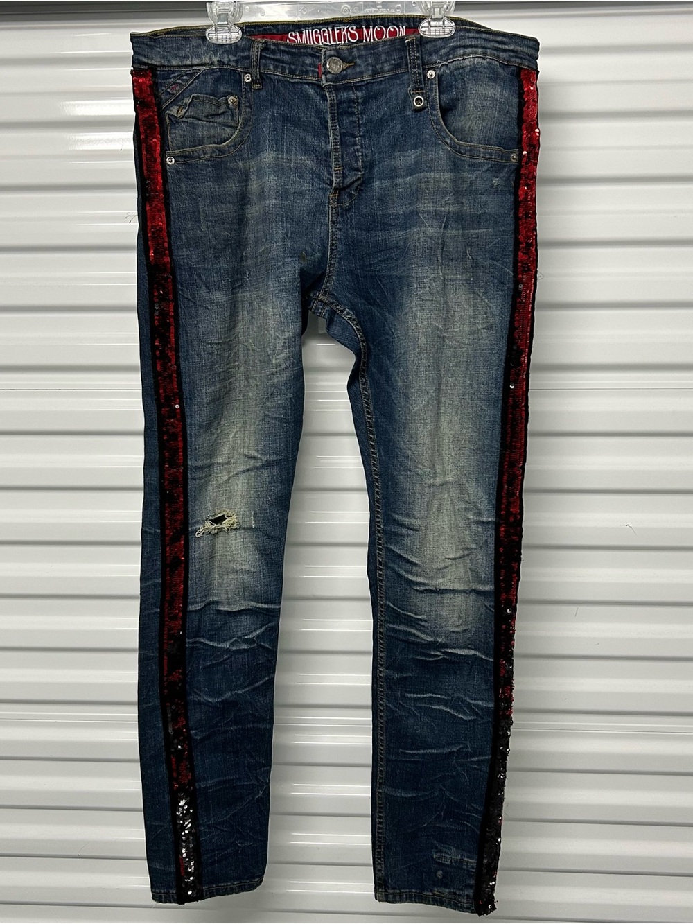 Men's Skinny Blue Jeans with Red Sequin Side Stripes